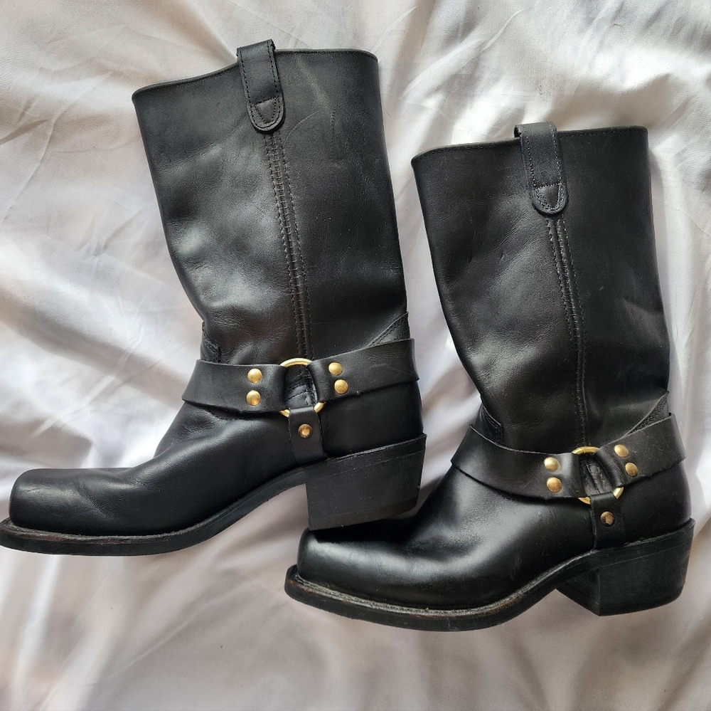 Black Harness Combat Moto Boots with Gold Hardware